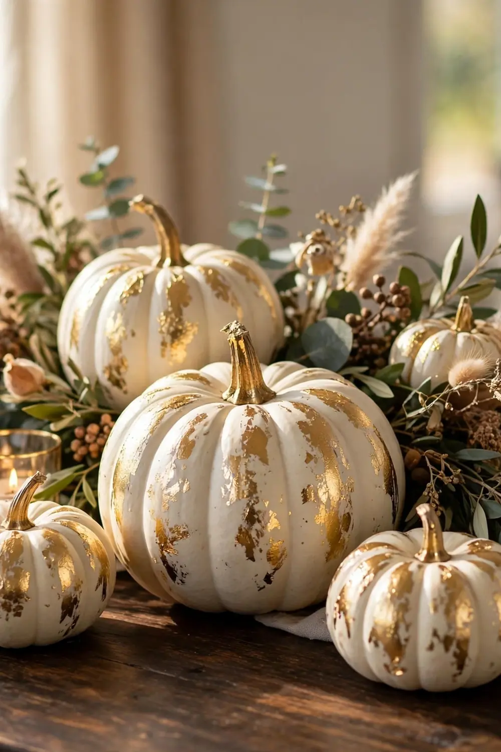 White pumpkins with gold leaf accents, thanksgiving centerpieces idea