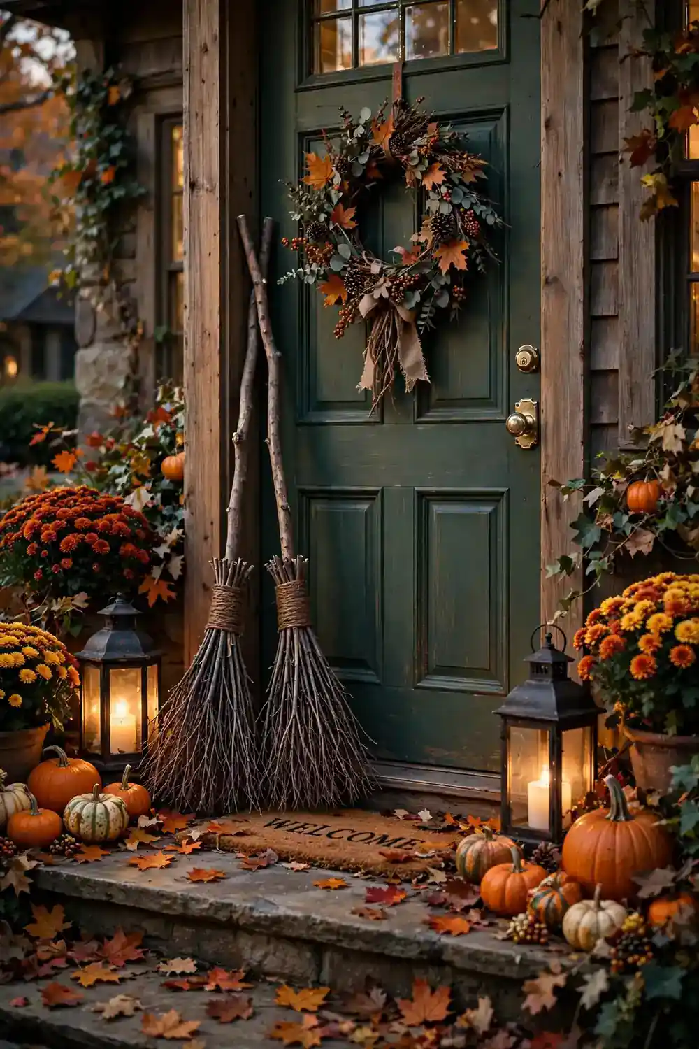 DIY Halloween decorations with rustic twig witch brooms at front door