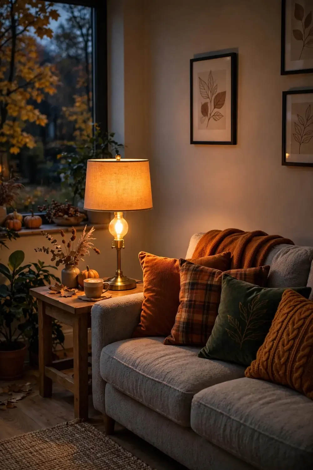 Cozy fall lighting ideas with a warm amber bulb glowing in a table lamp