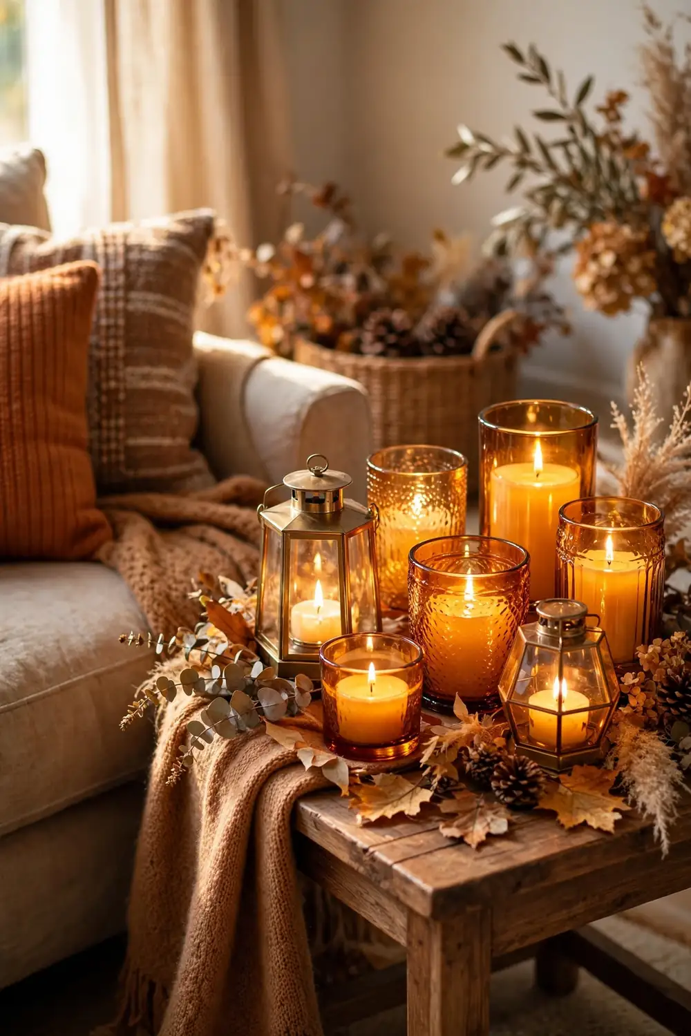 Amber glass candles glowing on a side table, a cozy fall living room decor idea