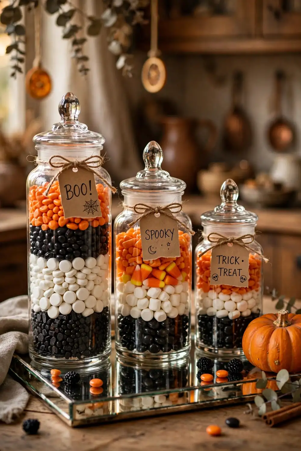 Apothecary jars filled with layered candy and spooky labels, a tasty last minute halloween decor idea