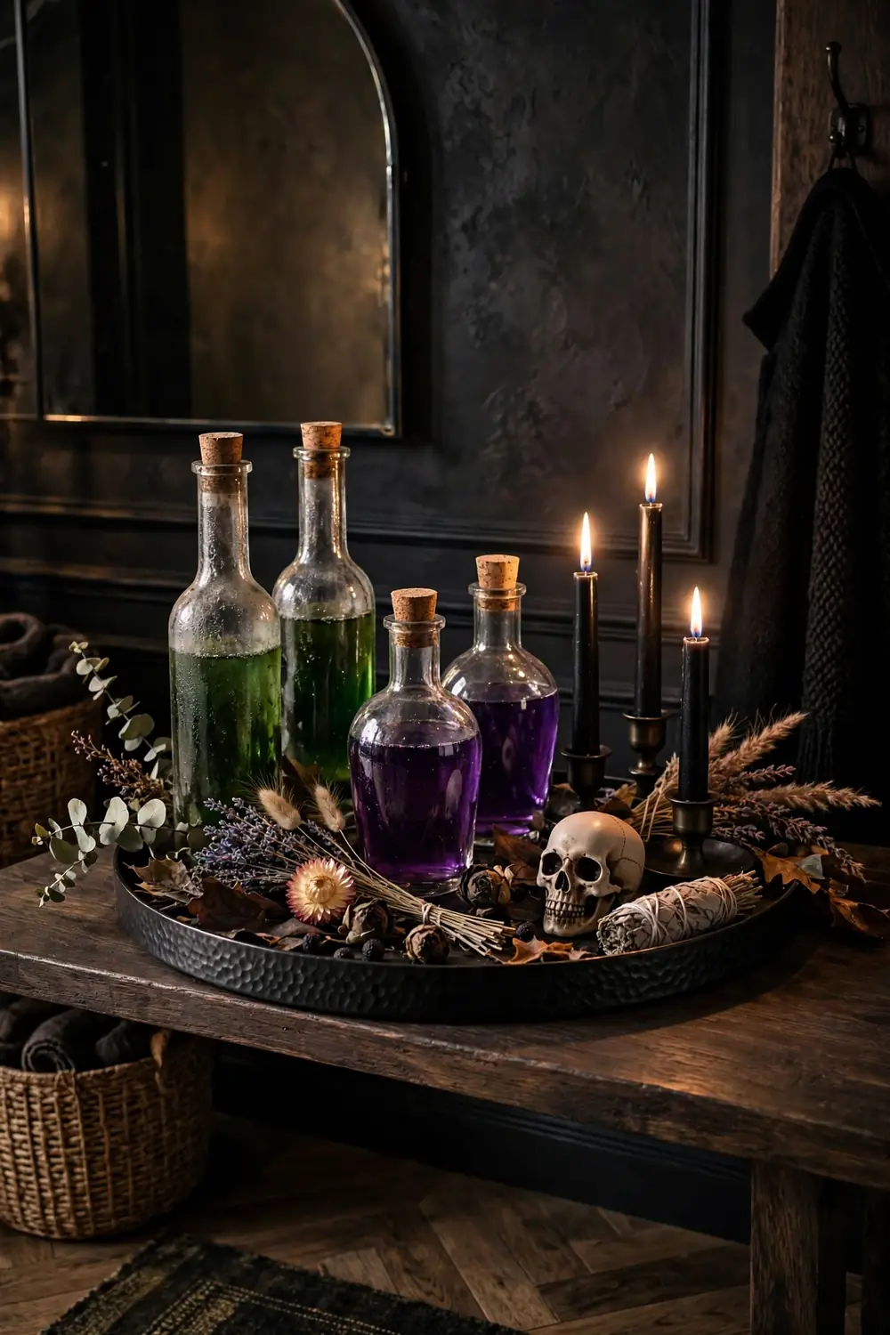 Apothecary Potion Bottle Display Apothecary style potion bottles with colored liquids on an entryway tray, spooky halloween entryway decor idea
