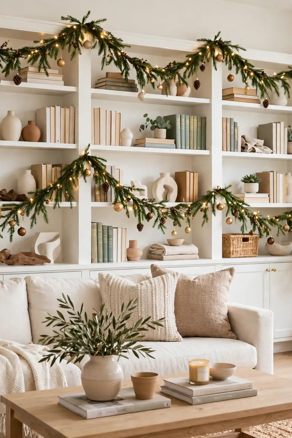 Slim evergreen garland woven along white bookshelves with tiny ornaments and warm lights