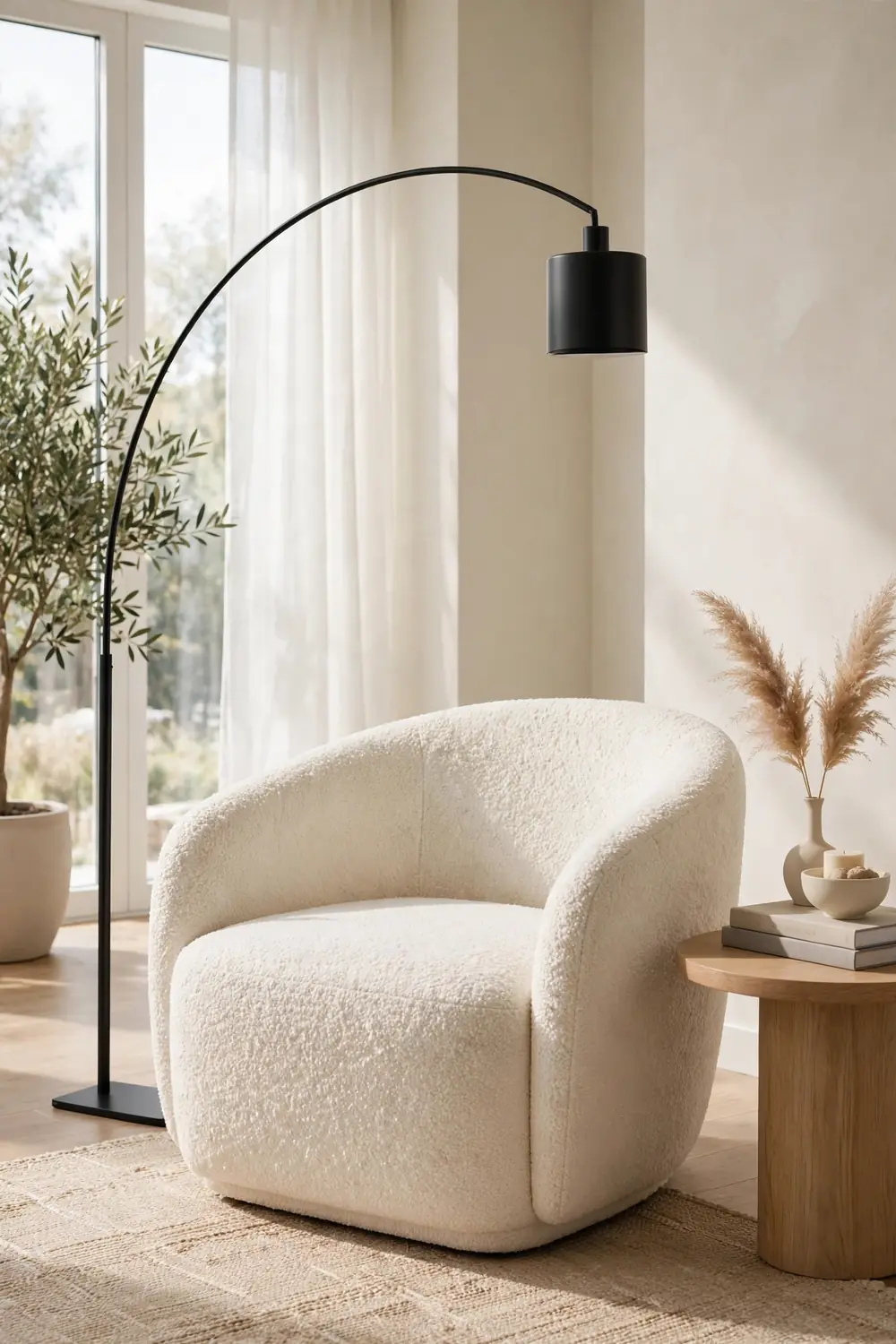 Boucle Accent Chair Thrift Flip Curved accent chair reupholstered in cream boucle fabric in a bright reading corner