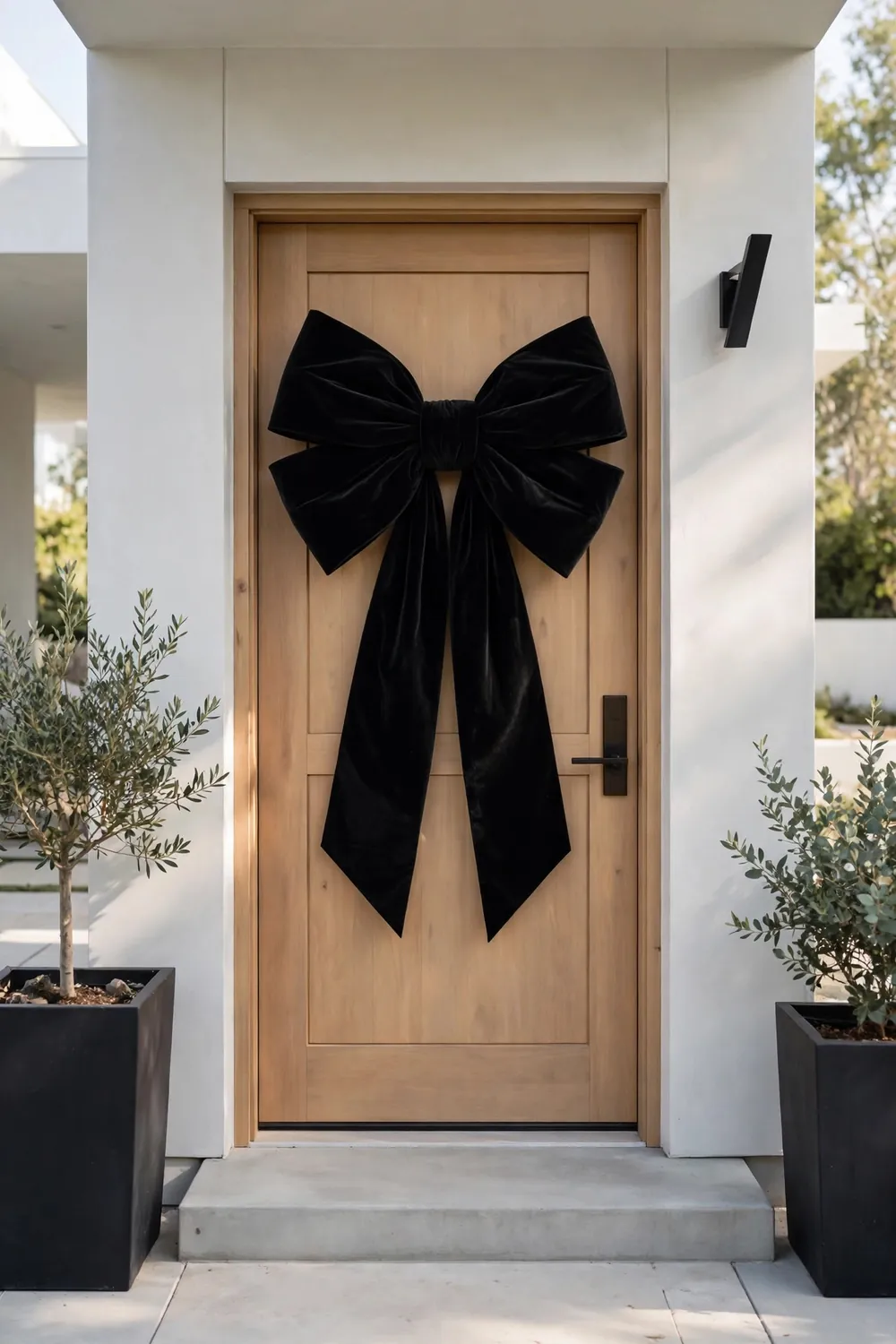 Front door decorated with a single massive black velvet bow and no wreath in bright daylight