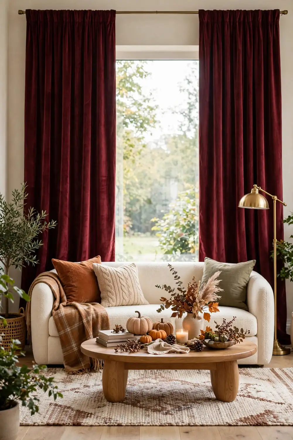 Bright living room with floor to ceiling burgundy velvet curtains framing a large window beside a cream sofa and brass floor lamp
