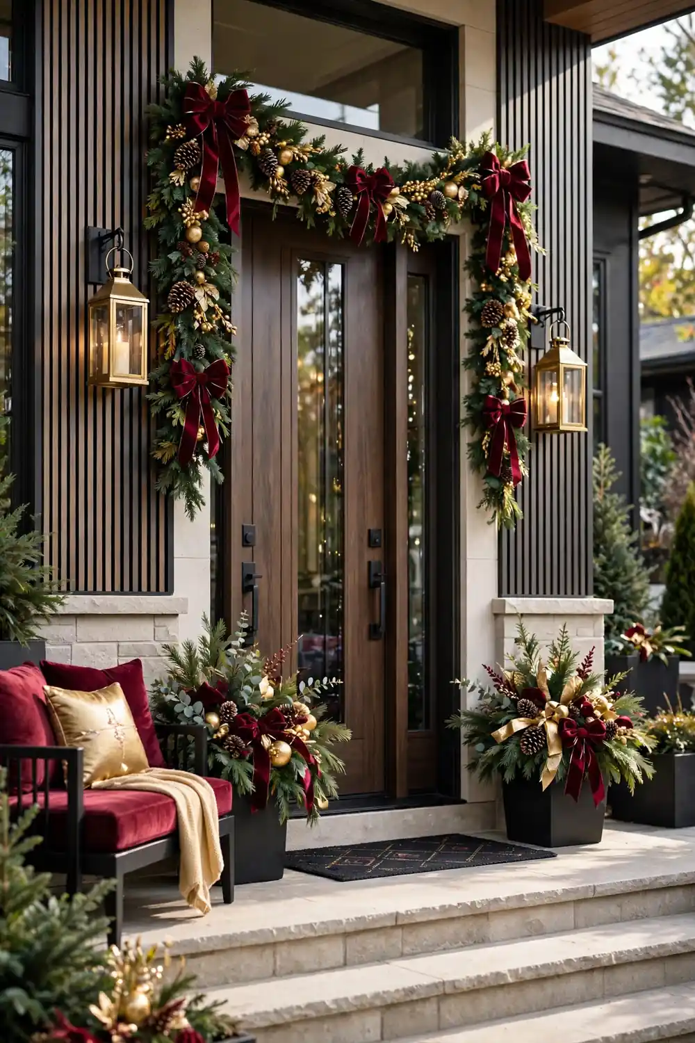 Burgundy and Gold Color Scheme Porch Christmas Porch Decor Idea Christmas porch decorated in a burgundy and gold color scheme, an elegant christmas porch decor idea