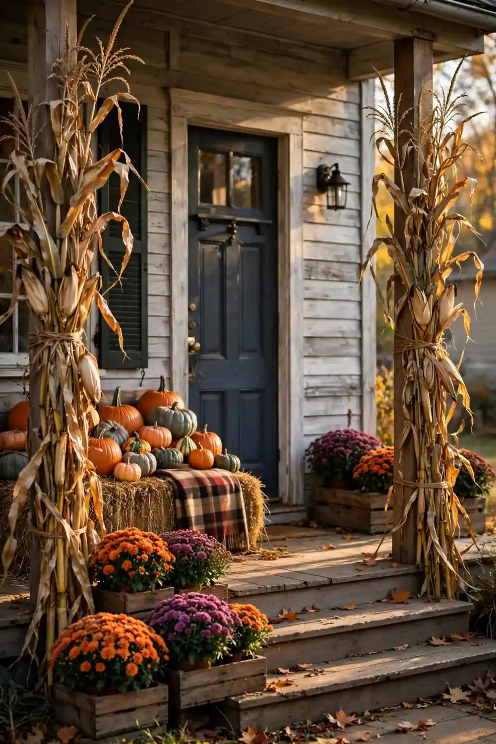 Cornstalk and Hay Bale Porch Dried cornstalks framing a door with a hay bale stacked with pumpkins and mums, harvest-style halloween front porch decor
