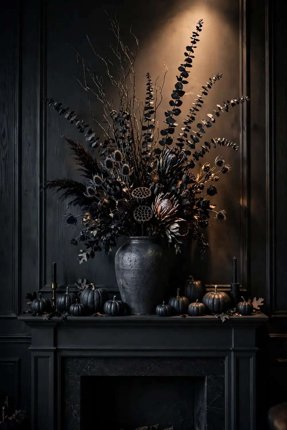 Dark dried florals Halloween mantel decor Moody Halloween mantel with dried branches and black florals