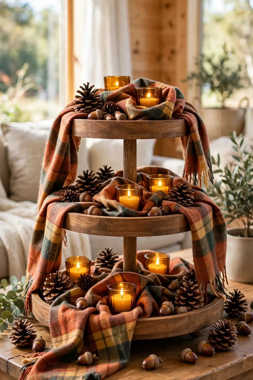 Fall tiered tray decor with plaid fabric accents and natural pinecones