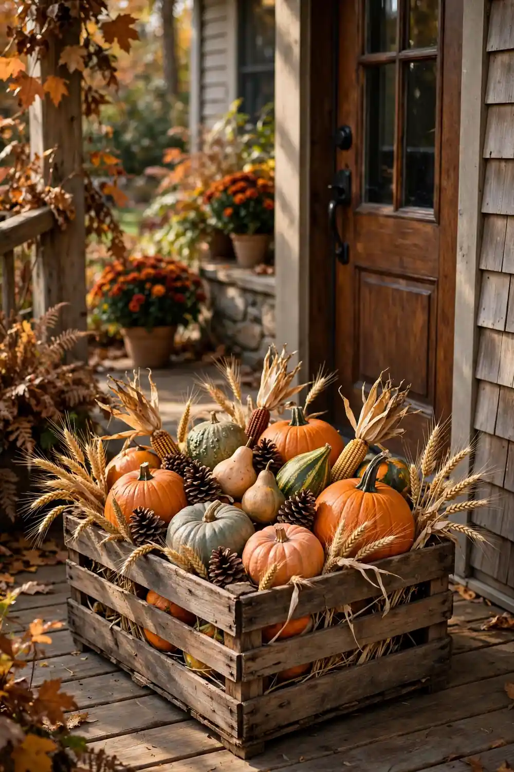 Wooden harvest crate with pumpkins and gourds at a fall front door, a rustic look from fall front door decor ideas