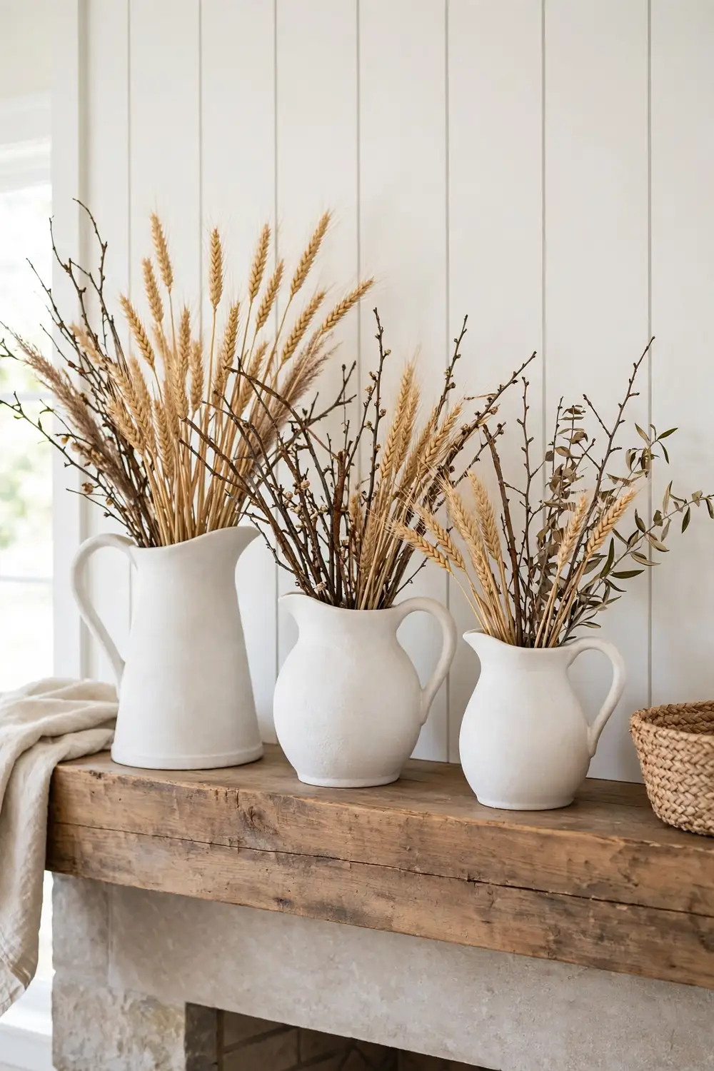 Ironstone pitchers with wheat on the mantel Thanksgiving mantel decor with white ironstone pitchers holding wheat and branches