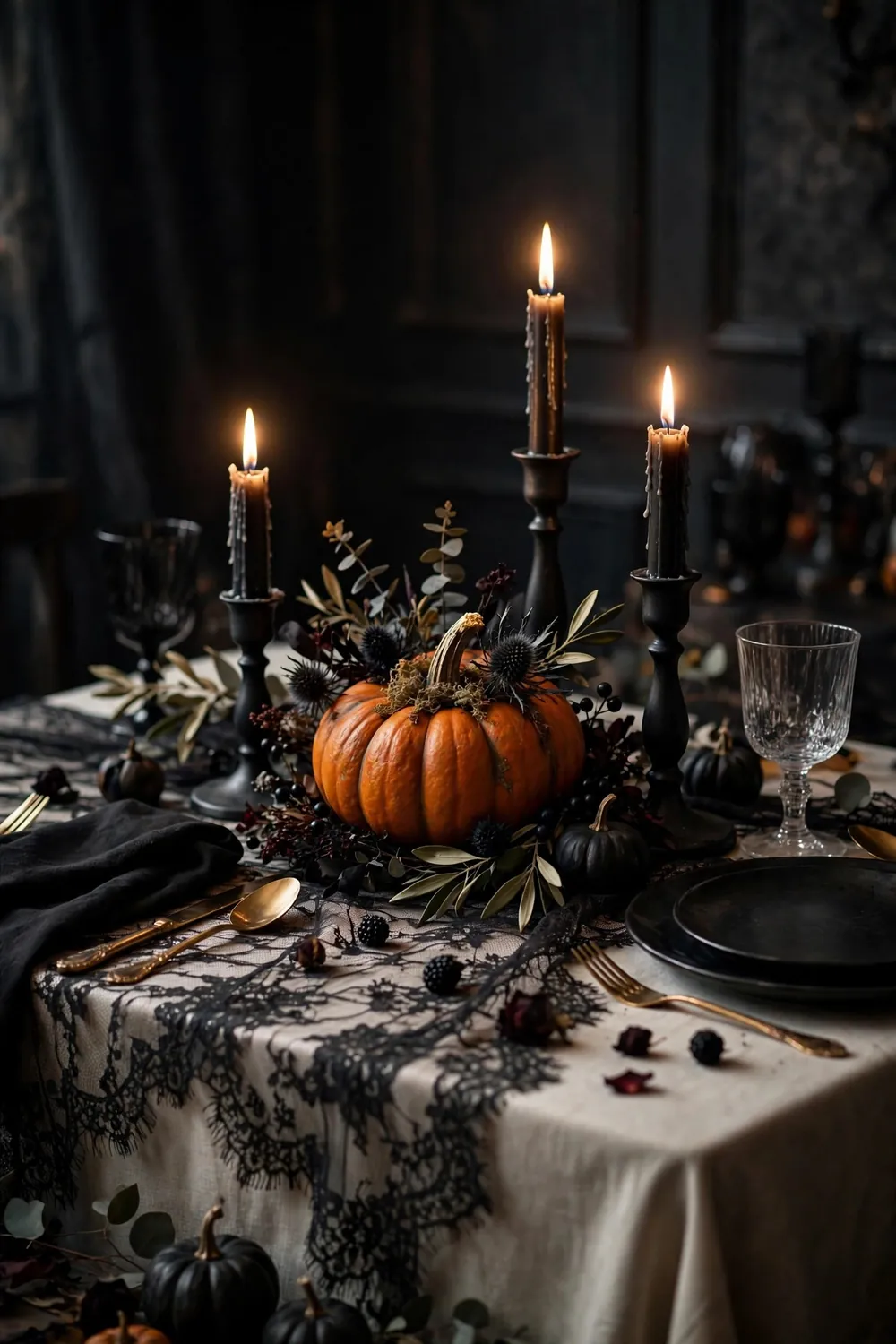 DIY Halloween decorations with black lace table runner and candles