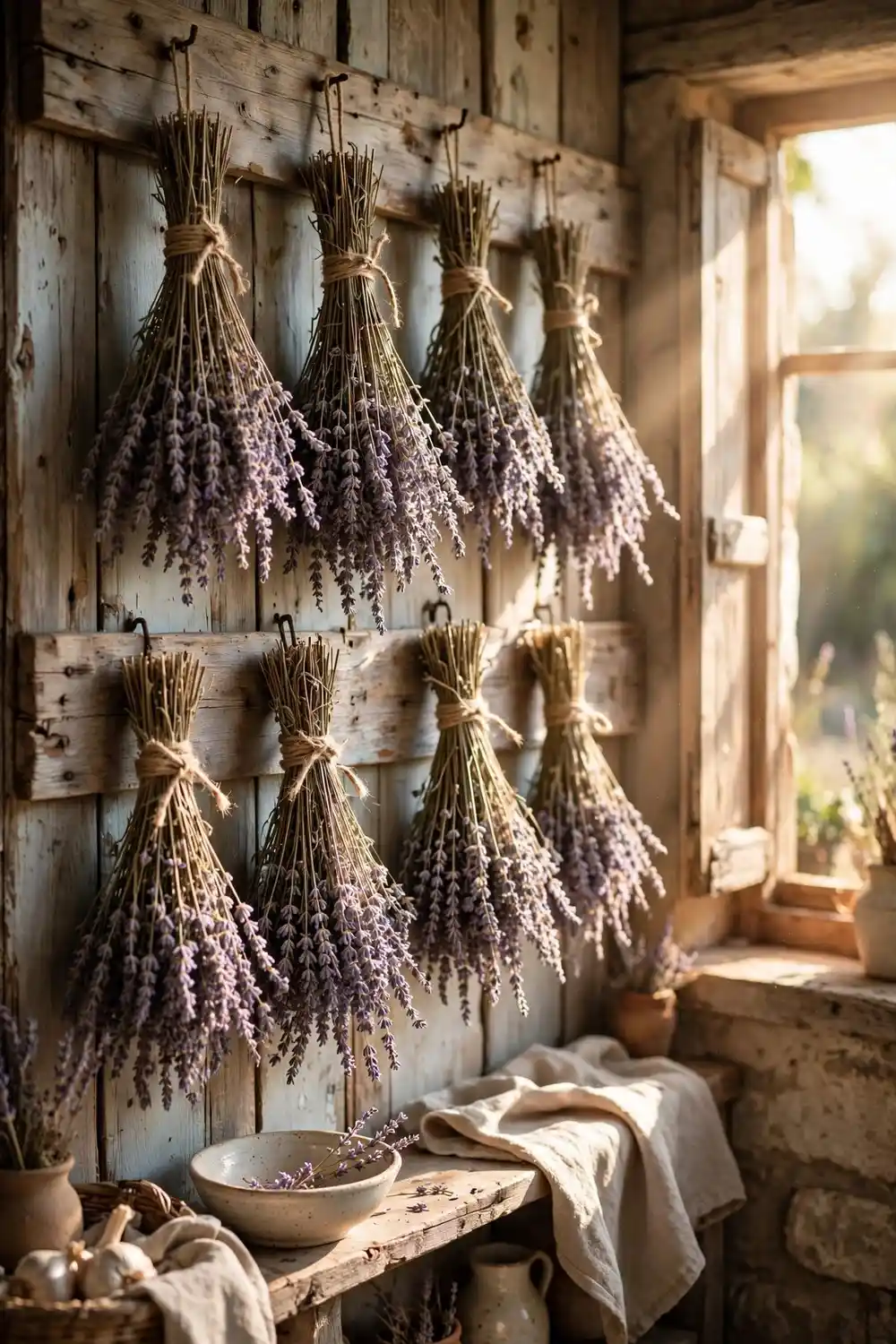 Dried lavender bundles tied with twine in farmhouse kitchen