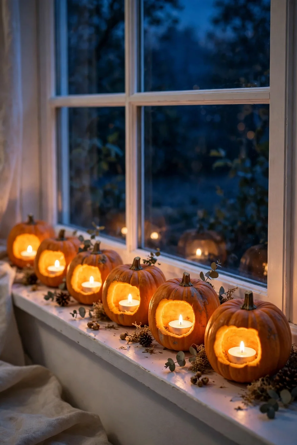 Hollowed mini pumpkins holding glowing tea lights lined along a windowsill at night