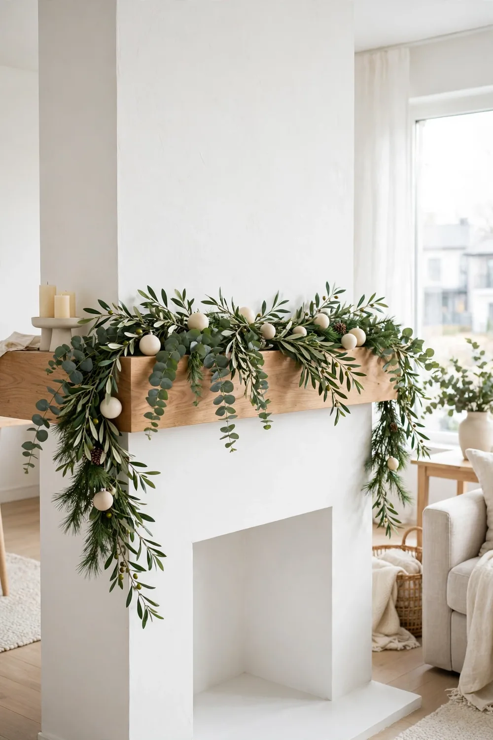 Natural Greenery and Eucalyptus Christmas Mantel Natural greenery Christmas mantel decor ideas with eucalyptus and pine