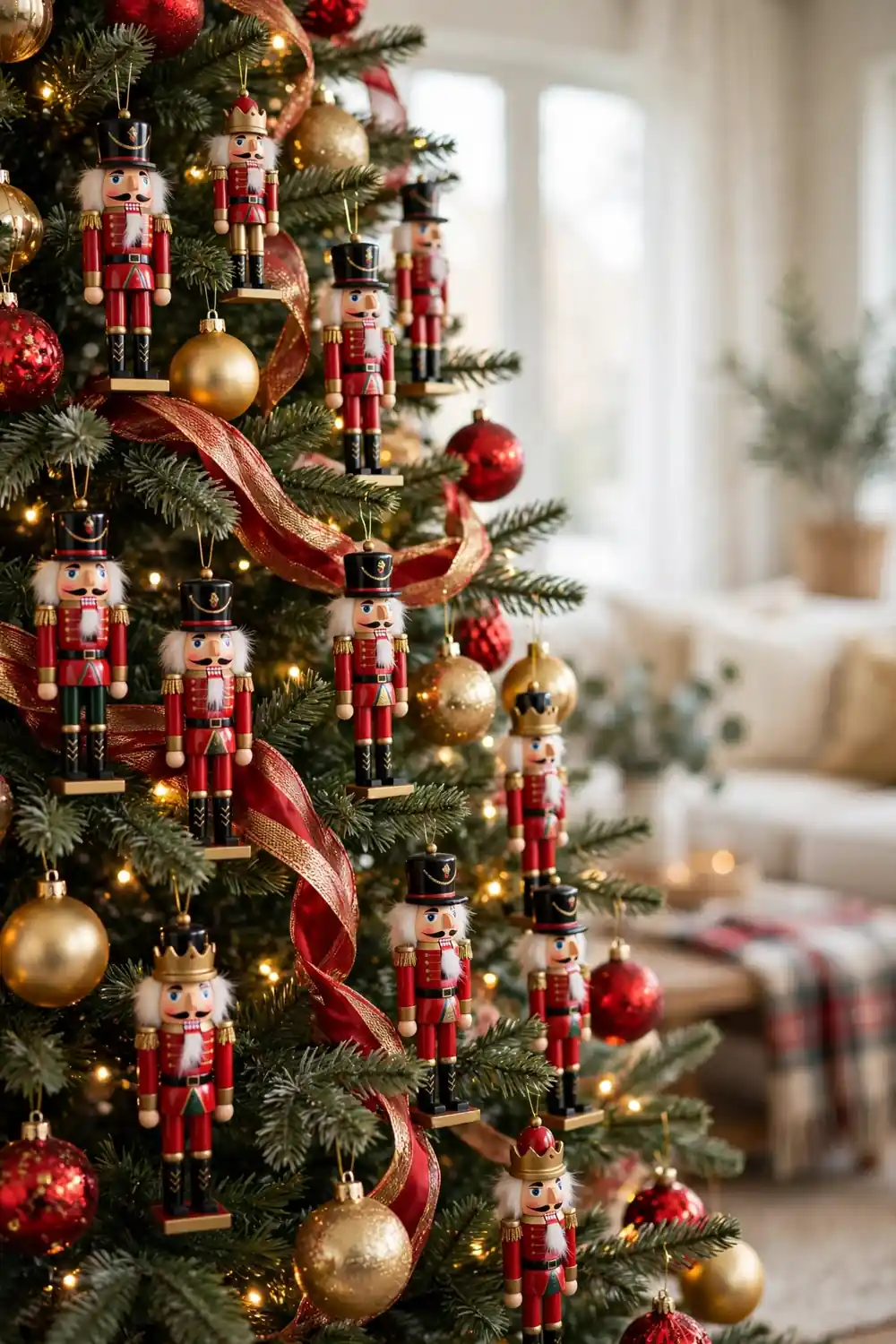 Nutcracker christmas decor ideas as tree ornaments among red and gold baubles and warm lights