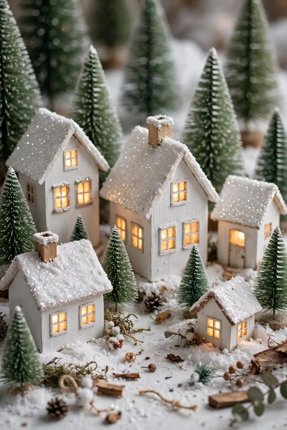 Painted Christmas Village Houses DIY painted Christmas village houses with glitter snow roofs and glowing windows, handmade dollar tree christmas decor diy