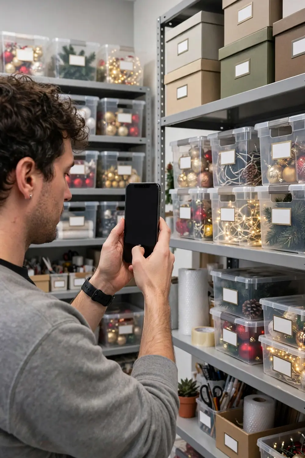 Photo Inventory Labeled Boxes Person photographing holiday decorations with a phone before packing them into labeled storage boxes, holiday decor storage ideas
