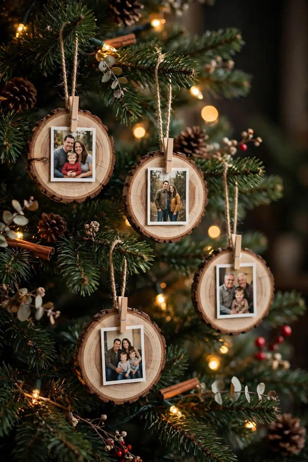 Photo wood slice ornament with a family picture, a personal diy christmas ornament idea