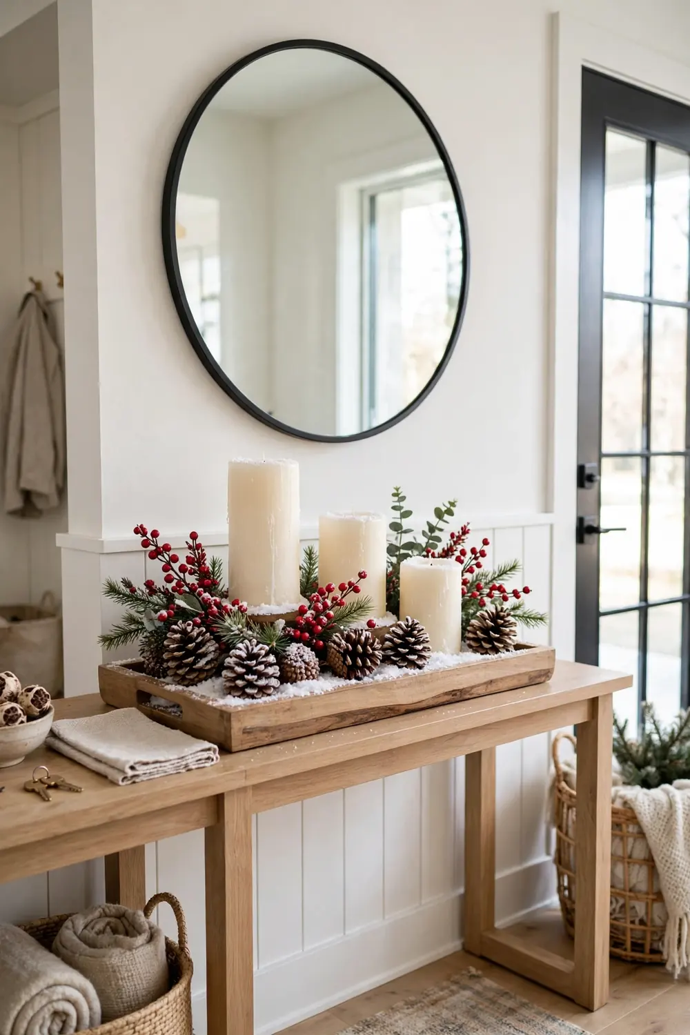 Pinecone and berry console vignette with candles, simple christmas entryway decor ideas