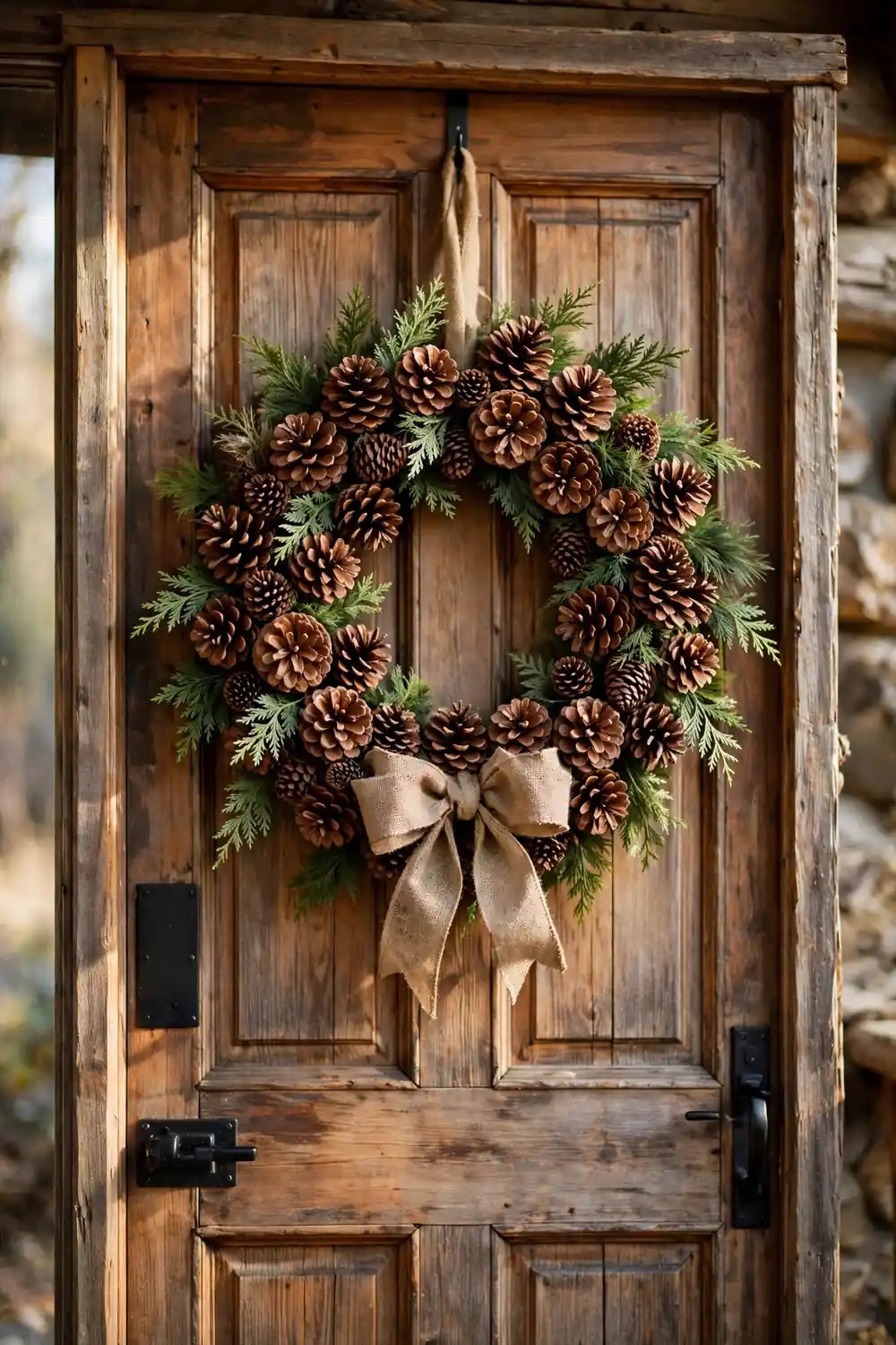 Rustic pinecone Christmas wreath ideas with natural brown pinecones and greenery