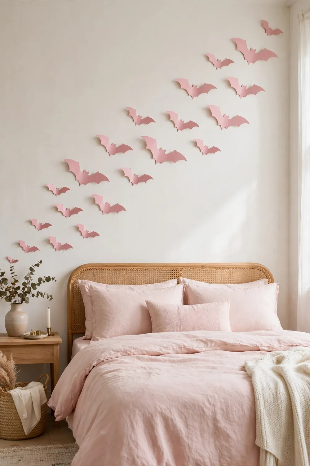 Pink bat wall decals flying across a bedroom wall, easy pink halloween decor ideas for renters