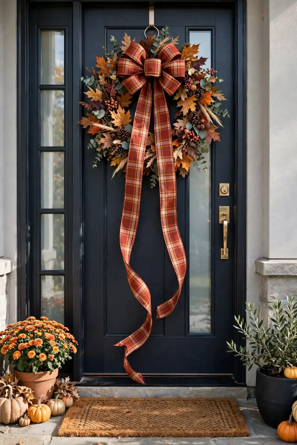 Plaid ribbon and autumn leaf wreath Fall wreath ideas with a plaid ribbon and autumn leaf wreath