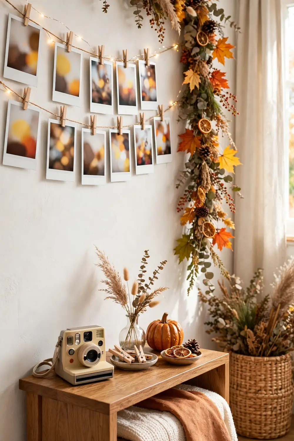 Instant camera photo station with hanging polaroid style photos at a party