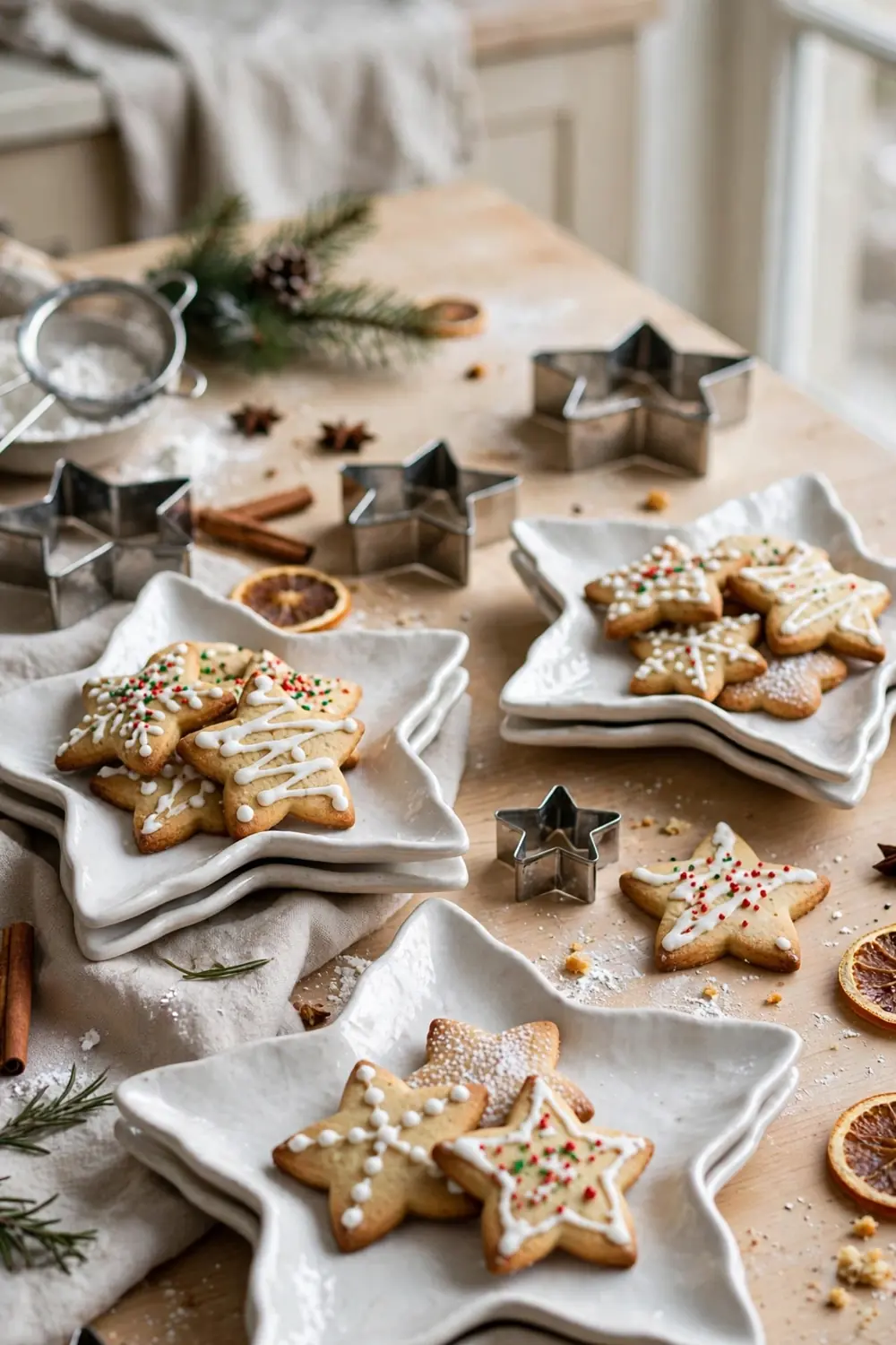 Star-shaped ceramic plates and star cookie cutters with Christmas cookies on a kitchen counter