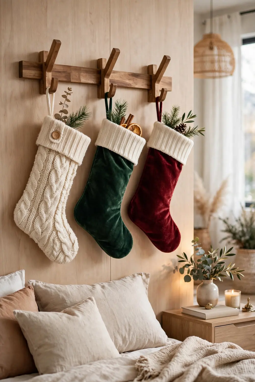 Stockings hung on a decorative wall hook rack Christmas stockings hung on a wooden wall hook rack in a cozy christmas bedroom decor display