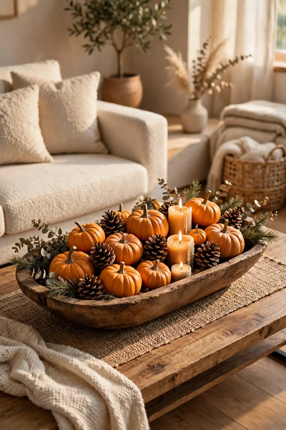 Rustic dough bowl centerpiece with pumpkins and candles, thanksgiving living room decor ideas