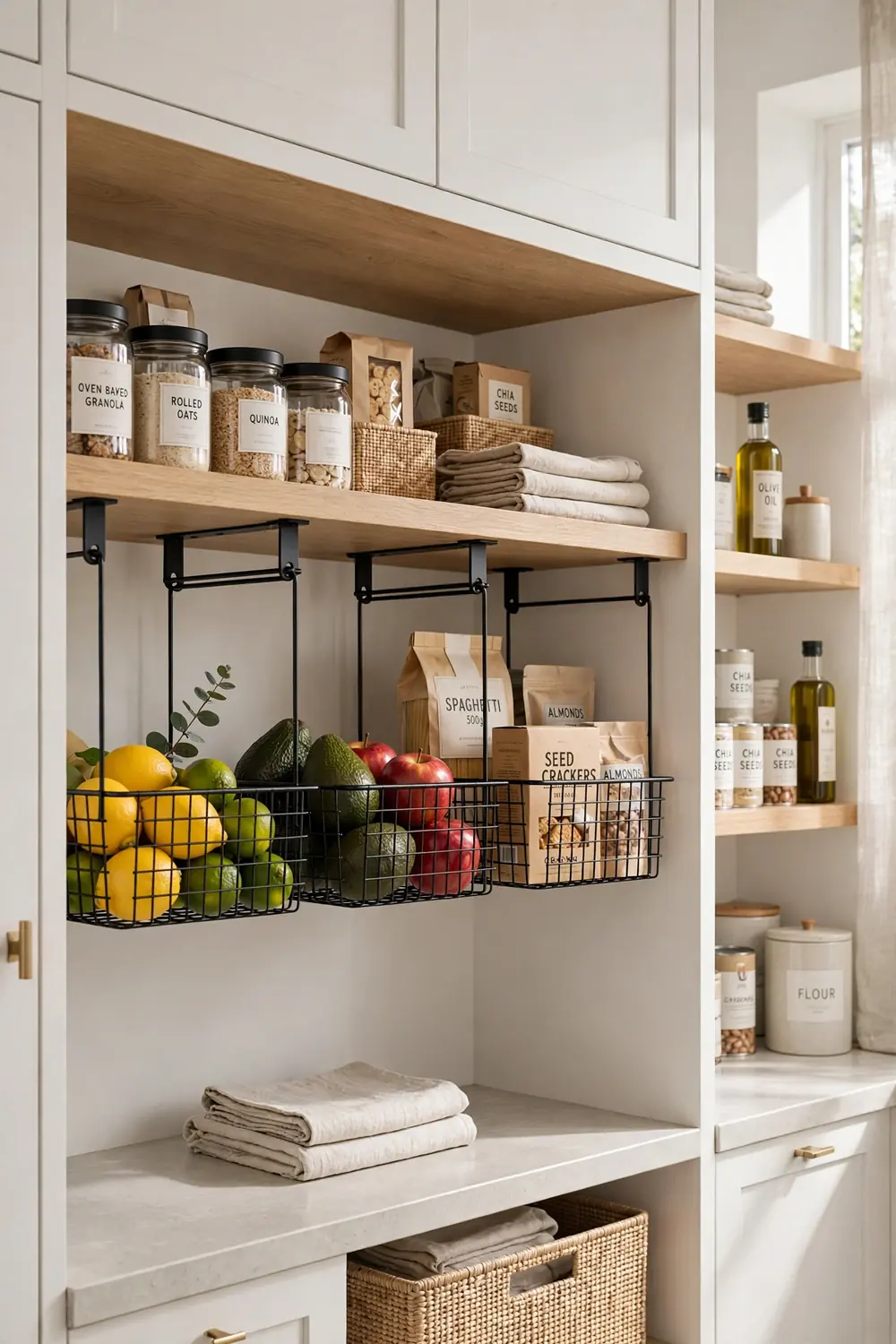 Under shelf hanging wire baskets in a bright modern pantry maximizing vertical space