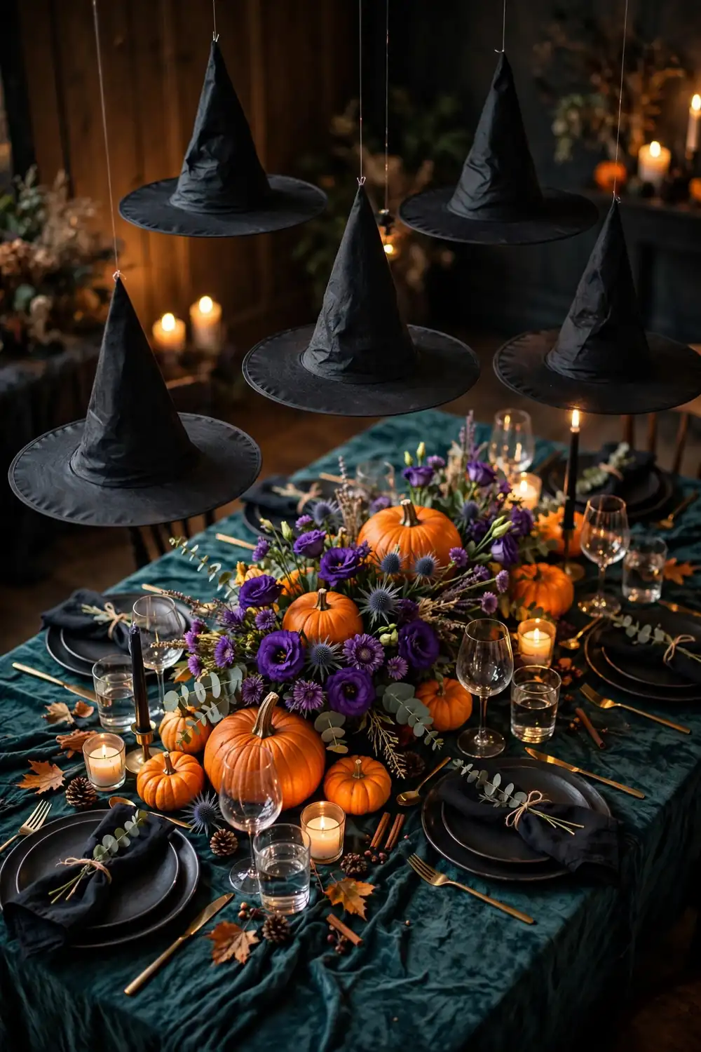 Fun Halloween table decor with floating witch hats hanging above the dinner table