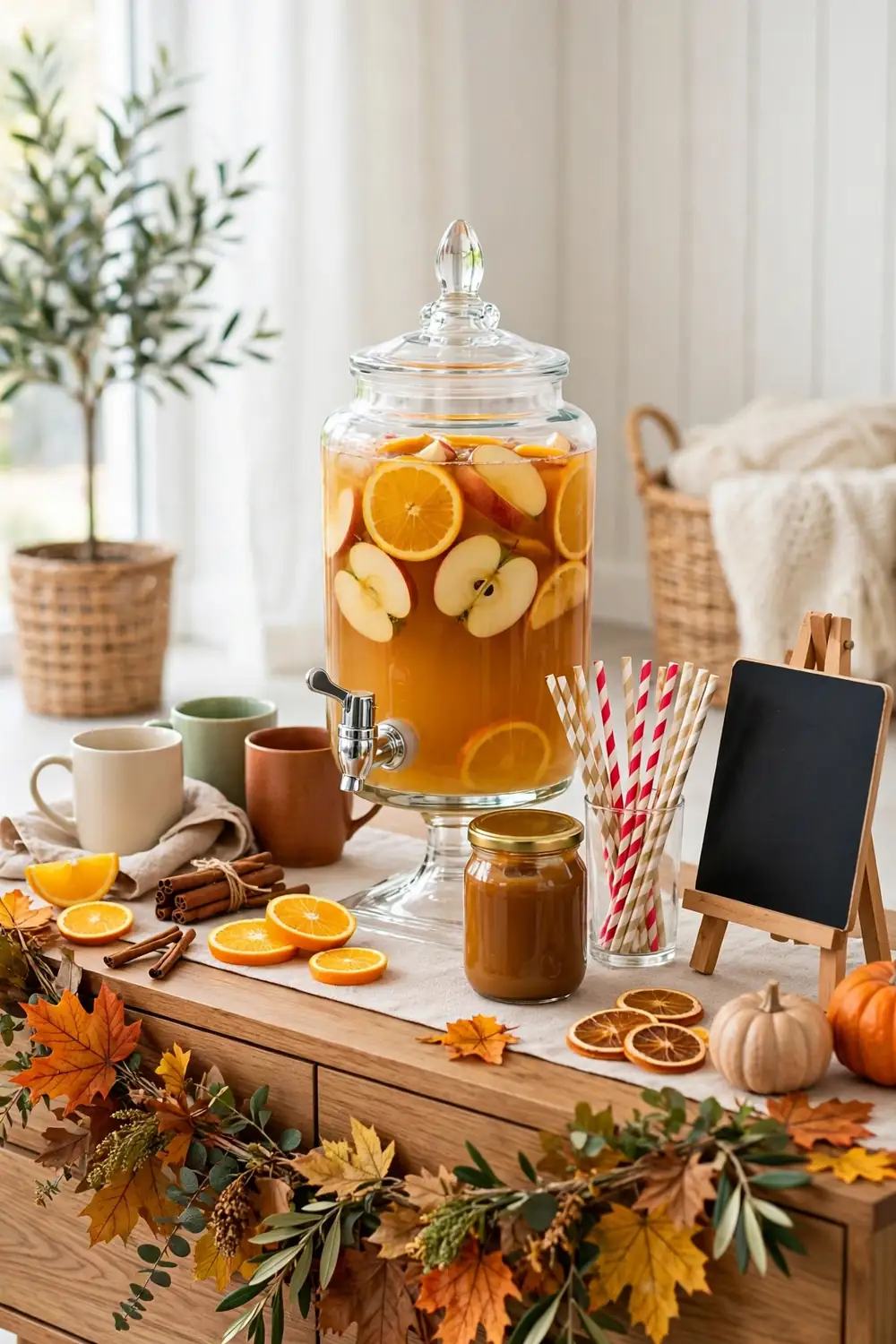 Apple cider drink station with mugs, cinnamon sticks and orange slices