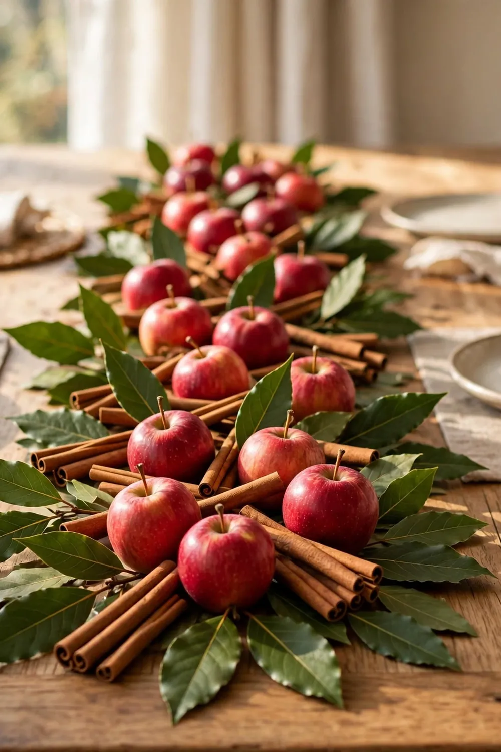 Table runner of apples cinnamon sticks and bay leaves, a thanksgiving centerpiece idea