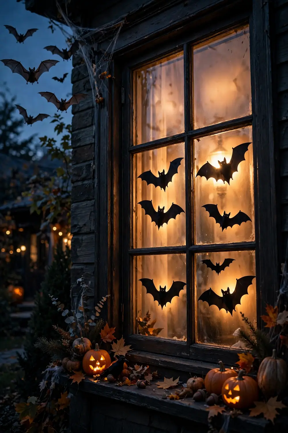 Bat silhouette window clings glowing in a front window, a quick last minute halloween decor idea