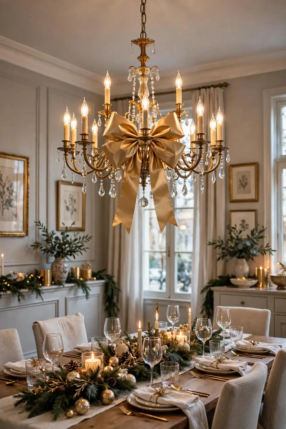 Elegant dining room chandelier with a huge gold bow tied around its center stem glowing warmly