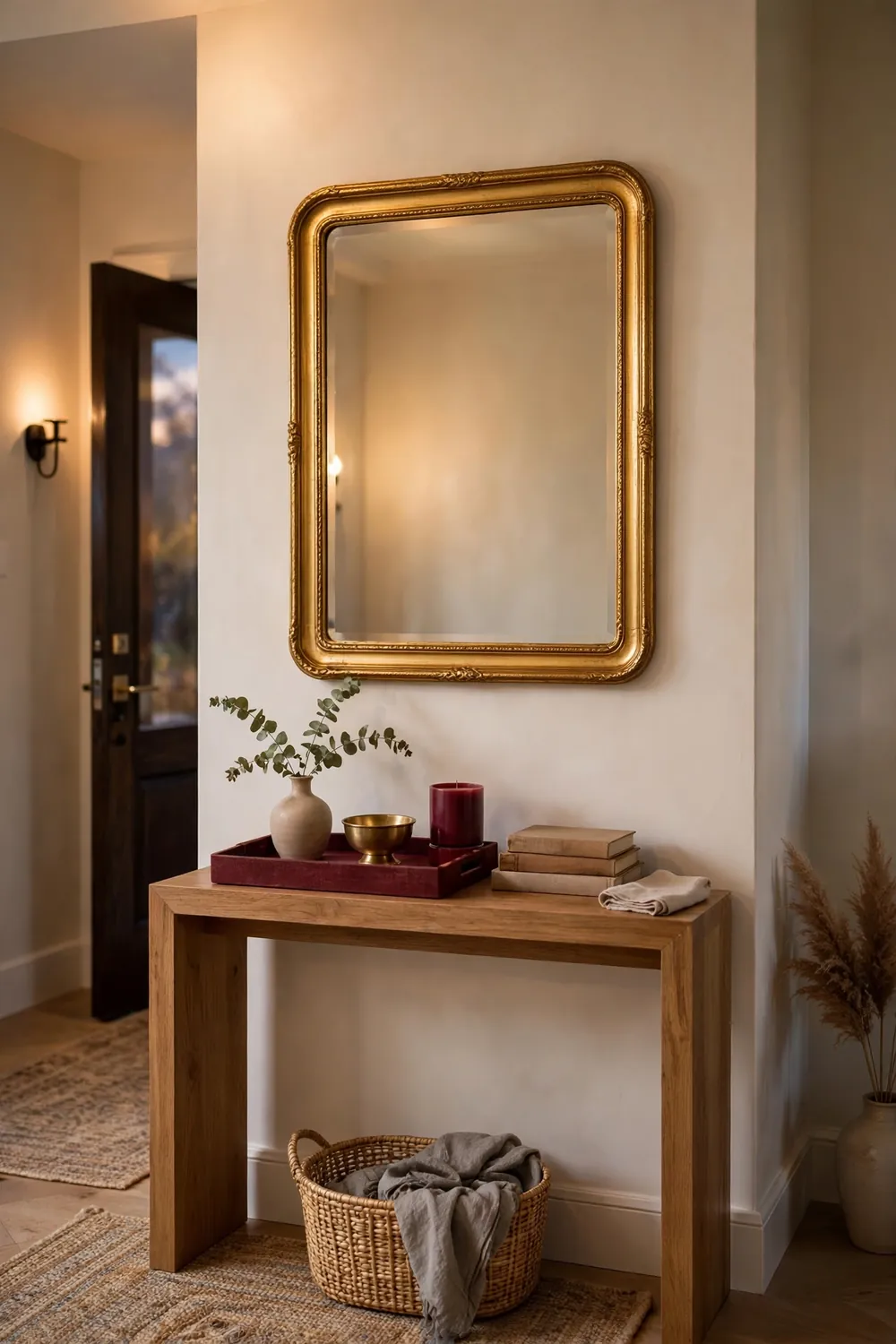 Entryway console table styled with a burgundy tray, small brass bowl, and burgundy candle under a gold framed mirror