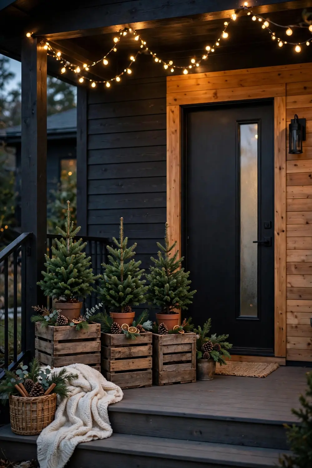 Rustic Wooden Crate Tree Displays Christmas Porch Decor Idea Rustic wooden crates displaying mini Christmas trees on a porch, a farmhouse christmas porch decor idea