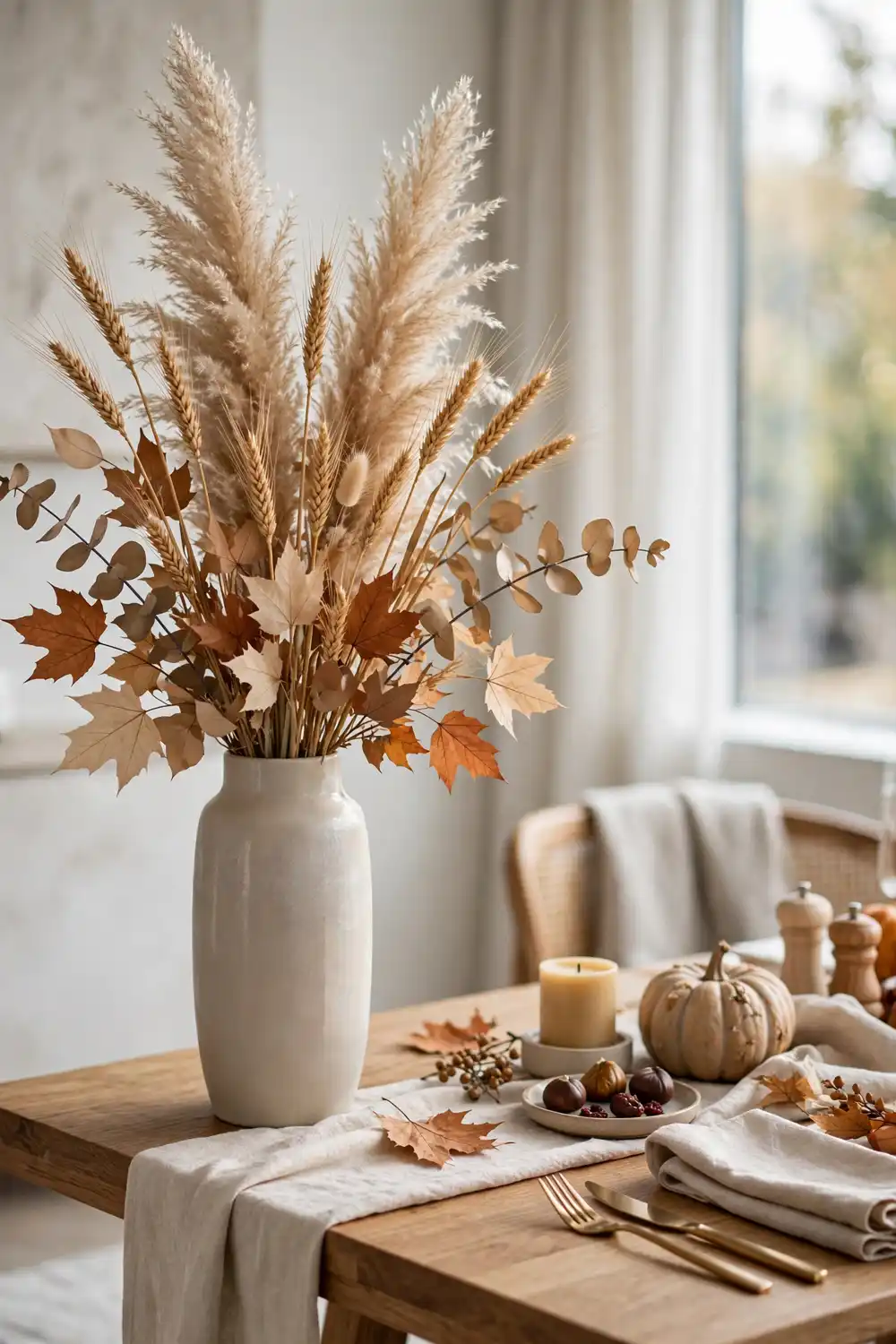Dried Floral and Pampas Autumn Arrangement | Smart Decor Finds Dried floral and pampas grass arrangement for elegant Thanksgiving table decor