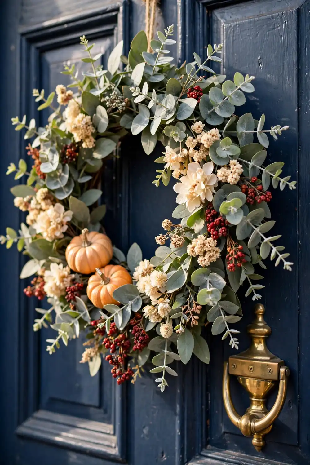 Eucalyptus and pumpkin wreath on a fall front door, a fresh take among fall front door decor ideas