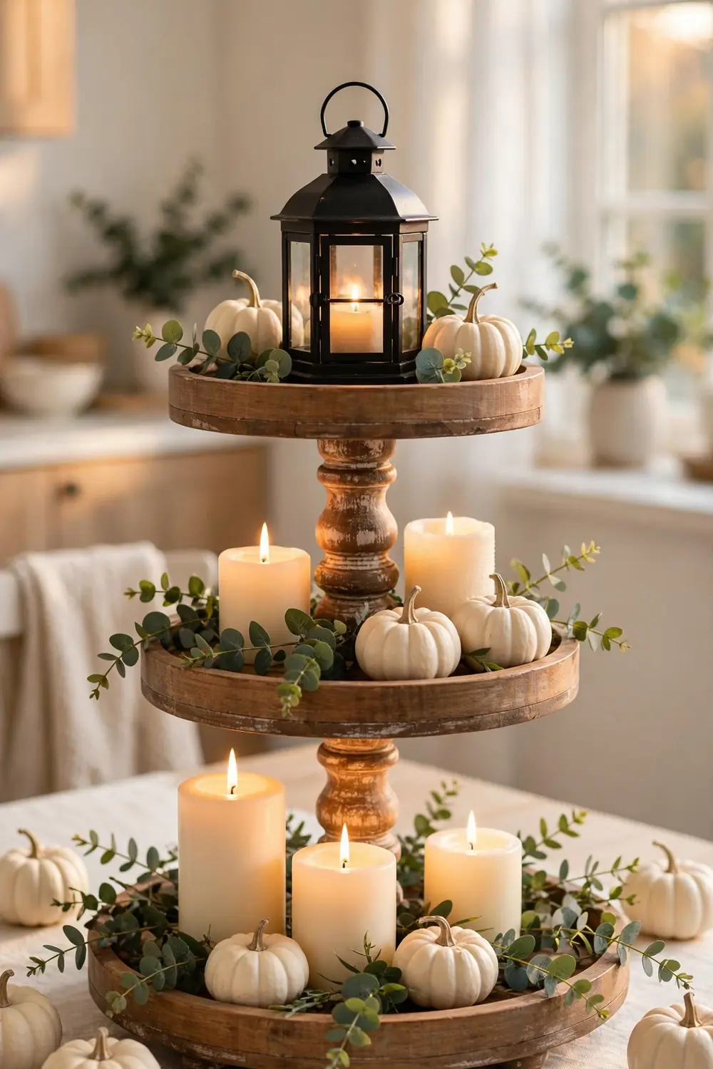 Fall tiered tray decor with a glowing candle and mini lantern centerpiece