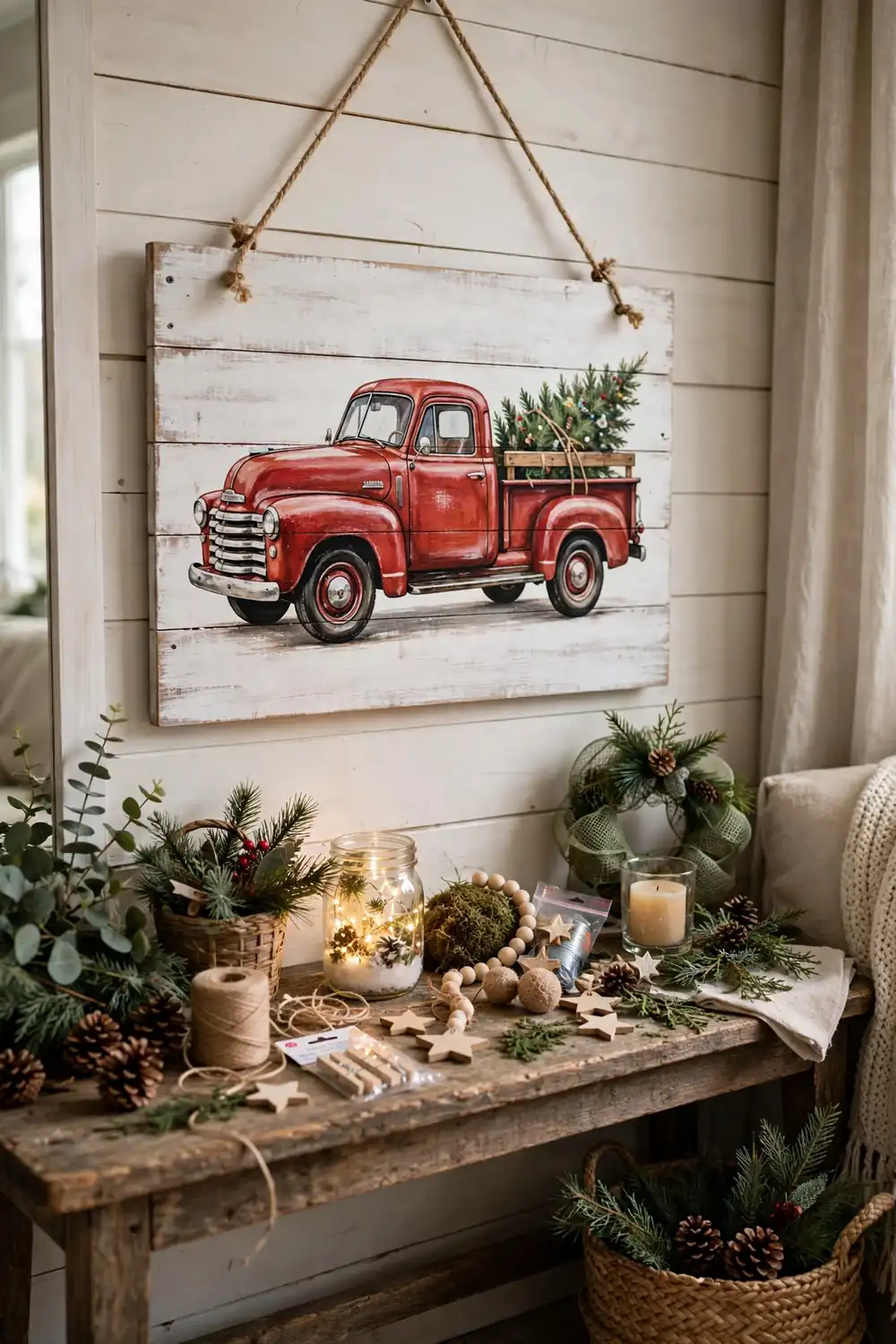 Farmhouse Christmas Sign DIY DIY farmhouse Christmas sign with a painted red truck carrying a tree, rustic dollar tree christmas decor diy