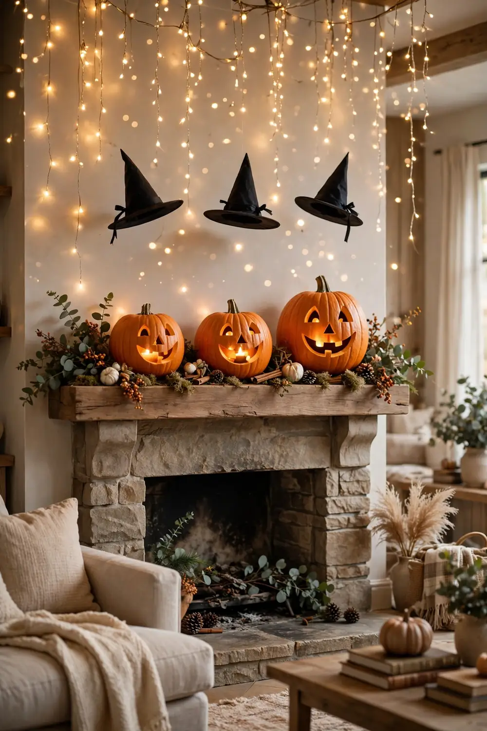 Floating witch hats Halloween mantel decor Whimsical Halloween mantel with floating witch hats and fairy lights