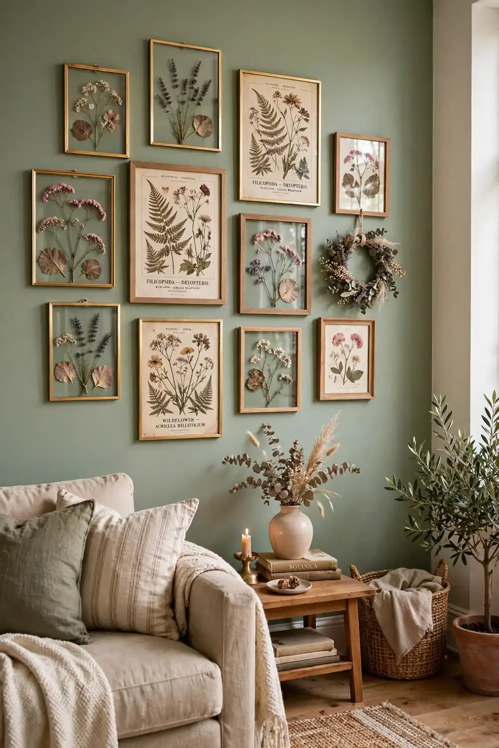 Botanical gallery wall with framed pressed flowers and vintage prints