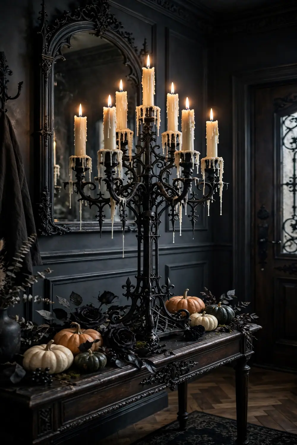 Gothic Candelabra With Dripping Candles Tall black gothic candelabra with dripping ivory candles in an entryway, elegant halloween entryway decor idea