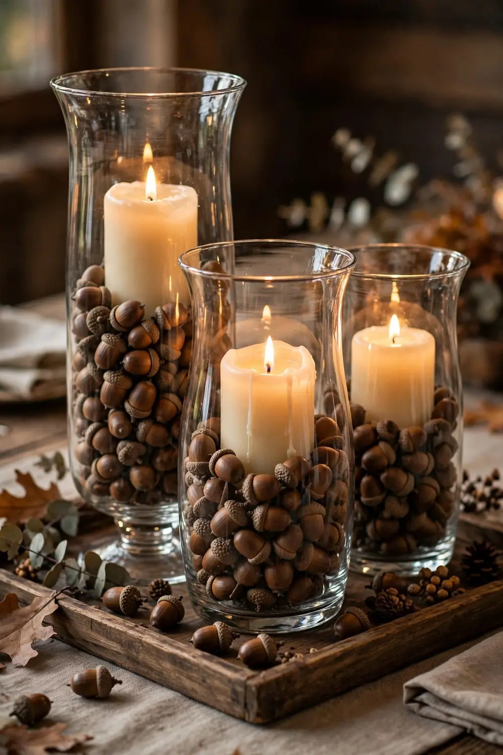 Dollar Tree Thanksgiving decor DIY acorn filled hurricane vases