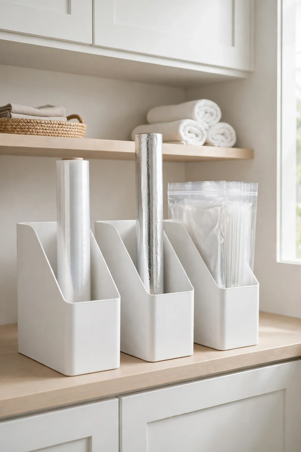 Pantry shelf using white magazine holders storing cling wrap foil and zip bags upright
