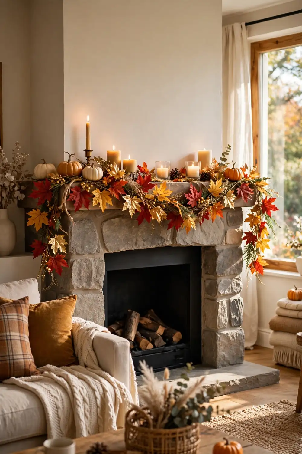 Faux maple leaf garland on a fireplace mantel, a cozy fall living room decor idea